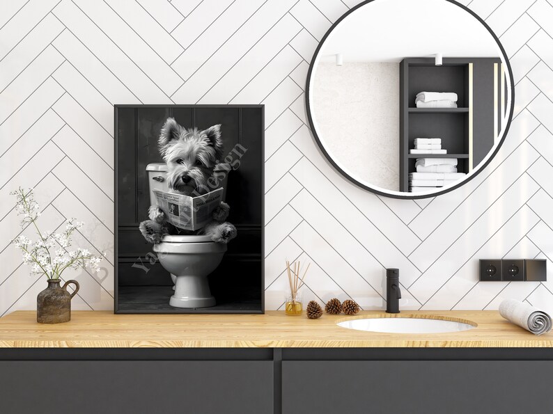 West Highland Terrier on Toilet Wall Art Print, Funny Bathroom Decor ...