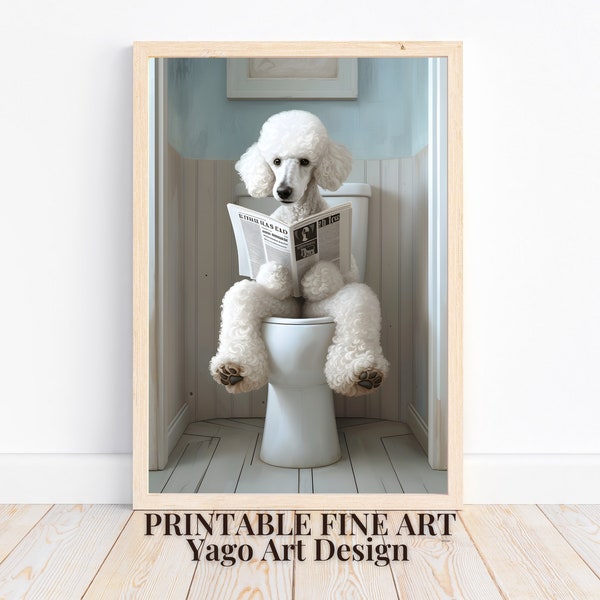 Poodle on Toilet Wall Art Print, Funny Bathroom Decor, Cute Dog Wall Decor, Toilet Wall Decor,  Poodle reading Newspaper, Cute Dog Poster