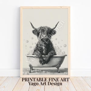 Highland Cow in Bathtub Print: Funny Bathroom Animal Wall Art (Digital Download