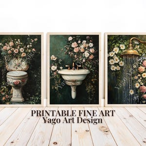 3er Set botanische, dunkelgrüne Cottagecore Wandbilder, Blumendekor, Vintage Wildblumen Badezimmer Gemälde, stimmungsvolle Toilette, Waschbecken und Dusche