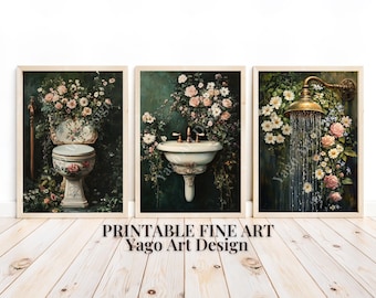 Láminas artísticas botánicas para baño: Conjunto floral estilo cottagecore (descarga digital)