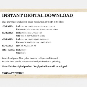 Pode incluir: Uma lista de download digital para arte imprim&iacute;vel, que oferece 5 arquivos JPG de alta resolu&ccedil;&atilde;o em v&aacute;rios tamanhos, incluindo as propor&ccedil;&otilde;es 2x3, 3x4, 4x5, 5x7 e 11x14. A lista inclui medidas em polegadas e cent&iacute;metros.