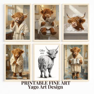 Highland Cow Bathroom Gallery Set di 6 stampe artistiche, grazioso decoro da parete, sul water, nella vasca da bagno, lavarsi i denti, tenere la carta igienica, tenere il mocio, bel culo