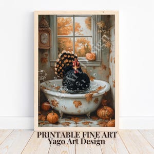 Turkey in Bathtub Art Print | Thanksgiving Bathroom Decor | Vintage Rustic Fall Art | Cute Bubblebath Print, Autumn Farmhouse Wall Art Decor