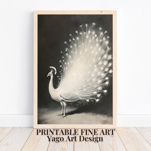 White Peacock Wall Art Print | Animal Portrait Wall Decor | Peacock Wall Art | Vintage Peacock Art | Printable Peacock Poster | Black&White