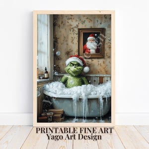 Christmas Grinch in Bathtub Digital Print | Grinch in Bathroom | Grinch Wall Art | Vintage Funny Poster | Christmas Painting | Bathroom Sign