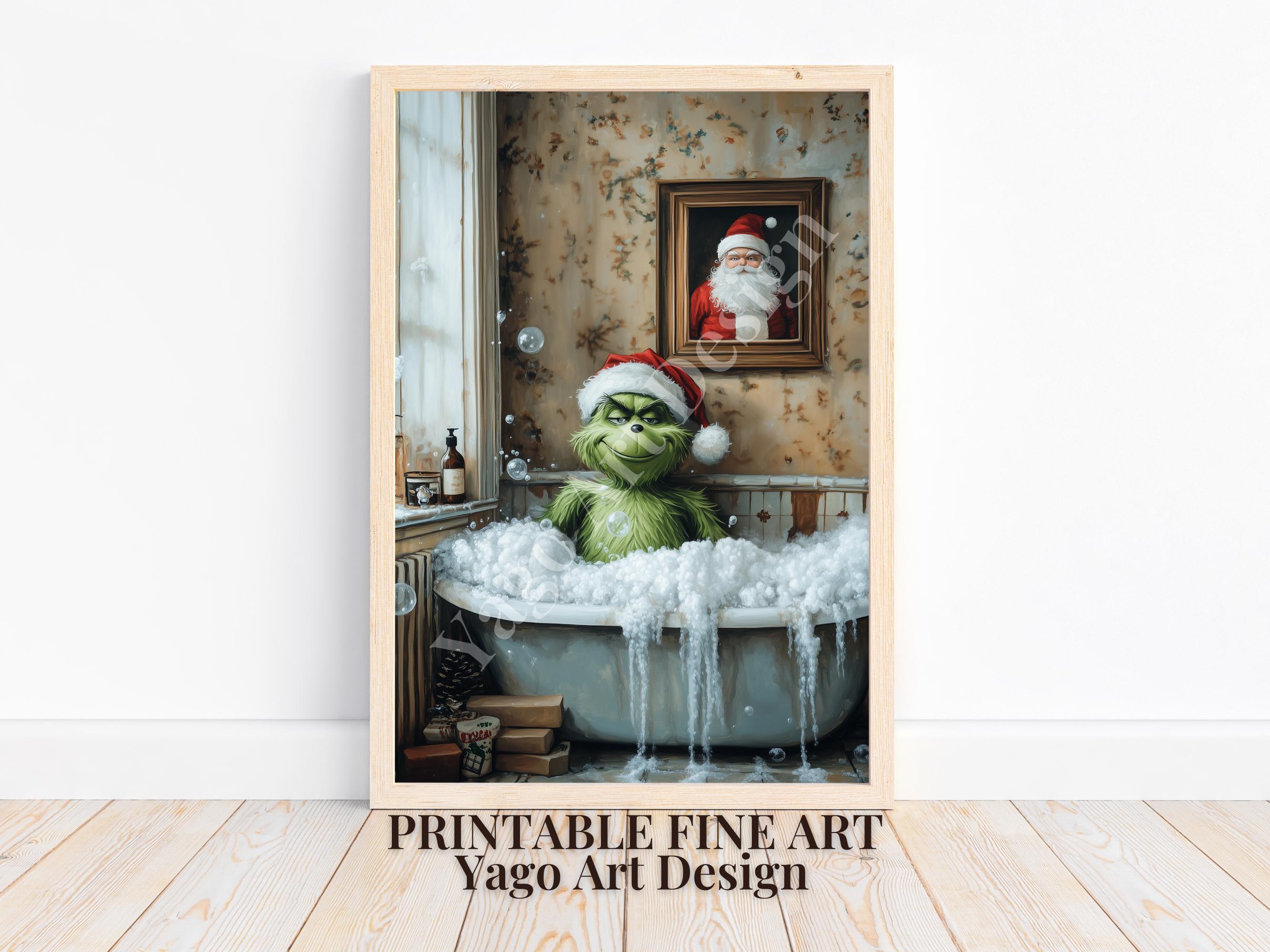 Grinch in Bathtub Christmas Print: Funny Bathroom Art (Digital Download)