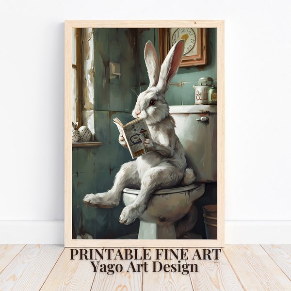 Easter Bunny on Toilet Wall Art Print | Rabbit in Bathroom Printable Wall Decor | Bathroom Animal Art Prints | Funny Bathroom Decor | Cute