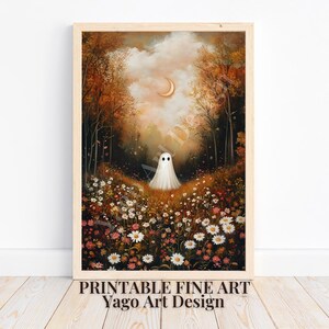 Ghost Art - &quot;Ghost in Enchanted Forest Meadow&quot; | Beautiful Meadow Poster, Autumn Ghost Painting, Vintage Print, Charming Fall Season Art
