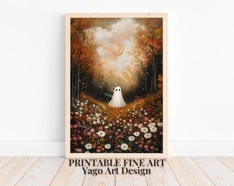 May include: A framed art print featuring a whimsical ghost in a field of wildflowers under a crescent moon. The artwork has a warm color palette of browns, oranges, and whites, with the text "PRINTABLE FINE ART Yago Art Design" at the bottom.