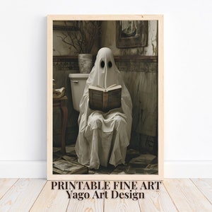 Ghost on Toilet Wall Art Print | Halloween Ghost in Bathroom | Dark Academia | Vintage Ghost Poster | Halloween Painting Wall Decor | Gift