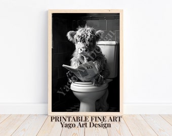 Highland Cow Sitting on Toilet | Cute Calf Bathroom Decor | Funny Bathroom Print | Animal on Toilet Poster | Whimsy Animal Wall Art | Gift