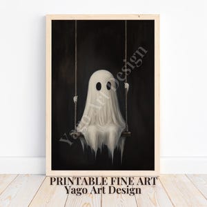 Ghost Art - &quot;On a Swing&quot; | Cute Ghost Wall Art Print, Ghost Printable Wall Decor, Spooky Ghost Poster, Whimsical Ghost Painting, Nursery Art