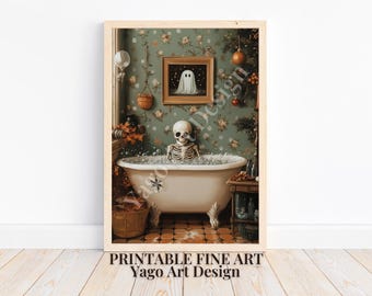 Vintage Halloween Skeleton Bathtub Print | Spooky Bathroom Wall Art (Digital Download)