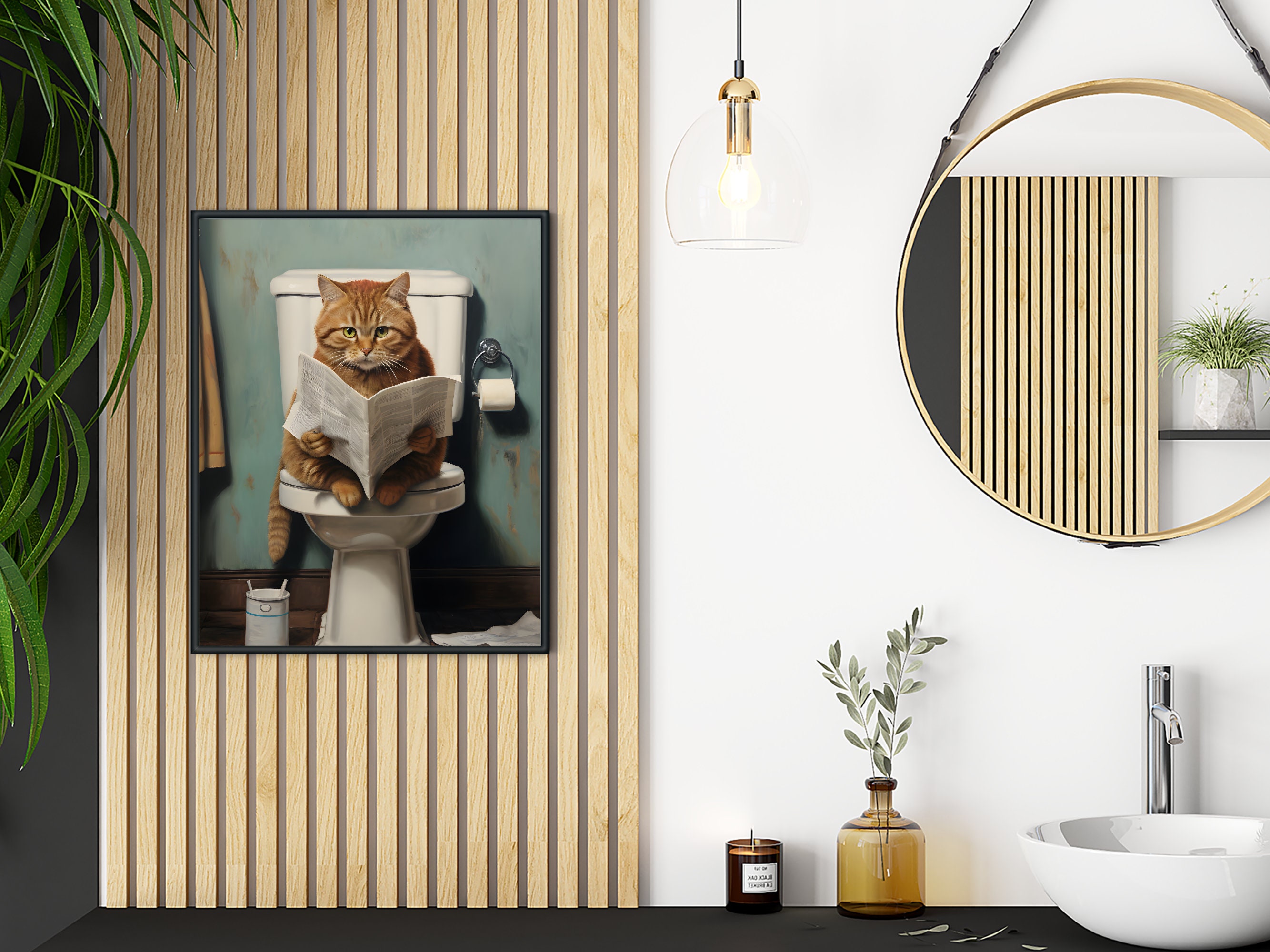 Cat on Toilet Wall Art Print Cat in Bathroom Printable Wall Decor