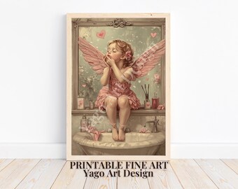 Cupid Blowing Kisses Wall Art Print, Cute Cupid Wall Art, Vintage Valentines Day Printable Art, Lovely Bathroom Decor, Kids Bathroom Poster