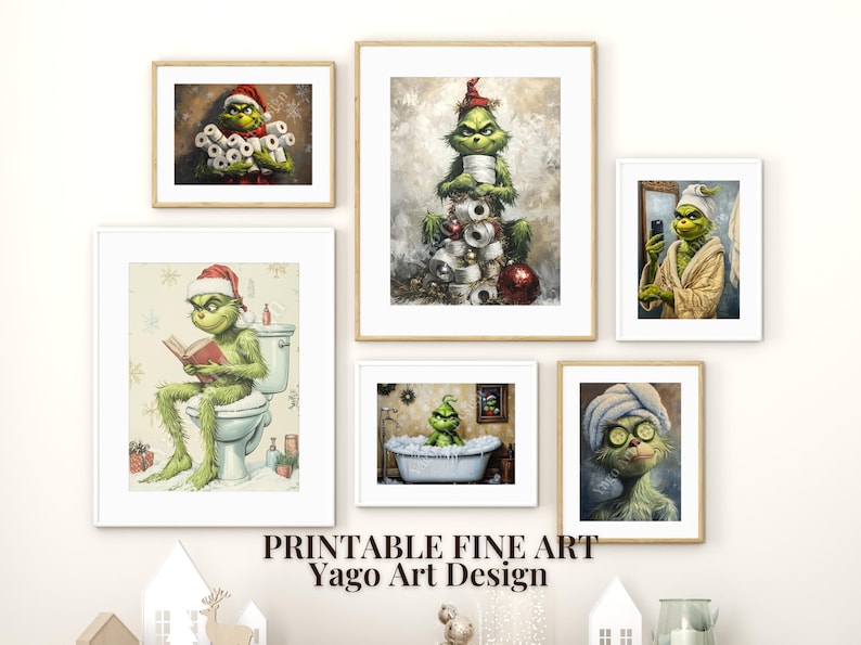 Pode incluir: Conjunto de 8 impress&otilde;es de arte imprim&iacute;veis com tema Grinch. Cada impress&atilde;o apresenta uma ilustra&ccedil;&atilde;o diferente do Grinch em uma situa&ccedil;&atilde;o humor&iacute;stica. As impress&otilde;es s&atilde;o perfeitas para adicionar um toque de capricho a qualquer c&ocirc;modo.
