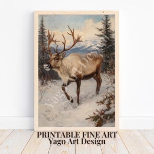 Vintage Reindeer Art Print, Christmas Wall Decor, Printable Deer Oil Painting, Snowy Winter Season Animal Art Poster, Digital Download Print