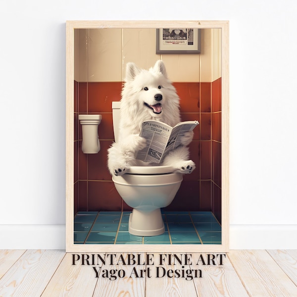Samoyed Sitting on Toilet and Reading Newspaper Wall Art Print, Funny Bathroom Wall Art, Cute Dog Wall Art, Toilet Wall Decor