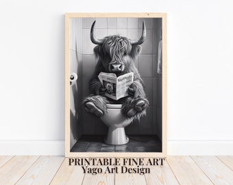 Highland Cow Sitting on Toilet Reading Newspaper | Bathroom Humor | Funny Bathroom Print | Animal on Toilet Poster | Whimsy Animal Wall Art