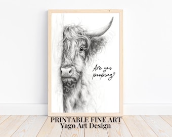 Funny Highland Cow Bathroom Art: "Are You Pooping?" Minimalist Toilet Decor (Digital Download)