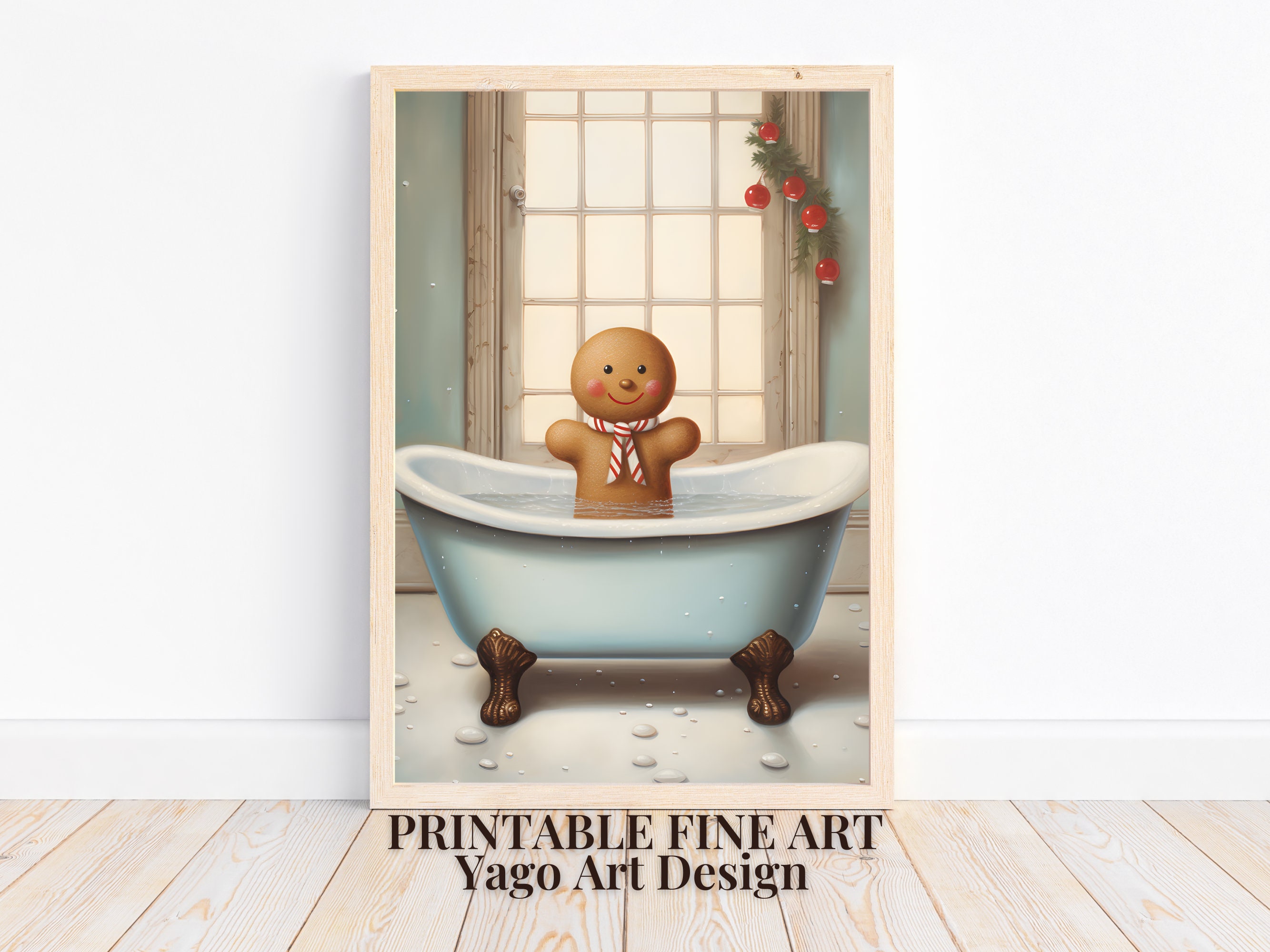 Gingerbread Man in Bathtub Print Gingerbread in Bathroom Christmas Wall