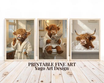 Funny Highland Cow Bathroom Art Prints: Toilet & Bath Humor (Digital Download)