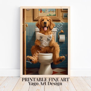 Funny Golden Retriever Bathroom Art Print: Dog on Toilet (Digital Download)