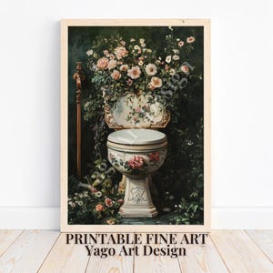 Blumentoilette Kunstdruck, dunkelgrünes Badezimmer Poster, Blumenwanddekor, Vintage Wildblumen Badezimmermalerei, stimmungsvoller botanischer Cottagecore