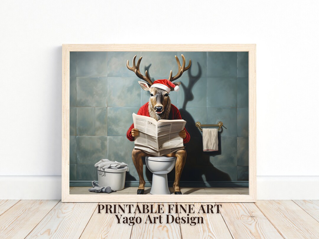 Reindeer on Toilet Print Reindeer in Bathroom Printable Wall Decor
