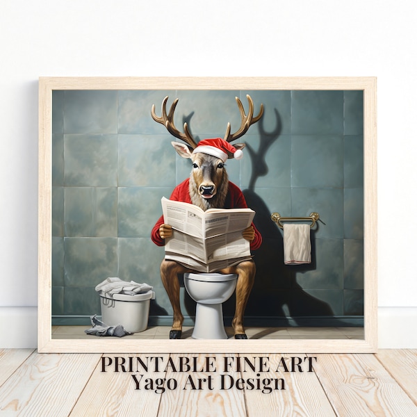 Reindeer on Toilet Print | Reindeer in Bathroom Printable Wall Decor | Bathroom Animal Art Prints | Funny Bathroom Decor | Digital Download