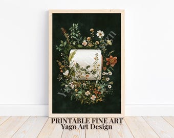 Floral Toilet Paper Art Print: Dark Green Botanical Bathroom Decor (Digital Download)