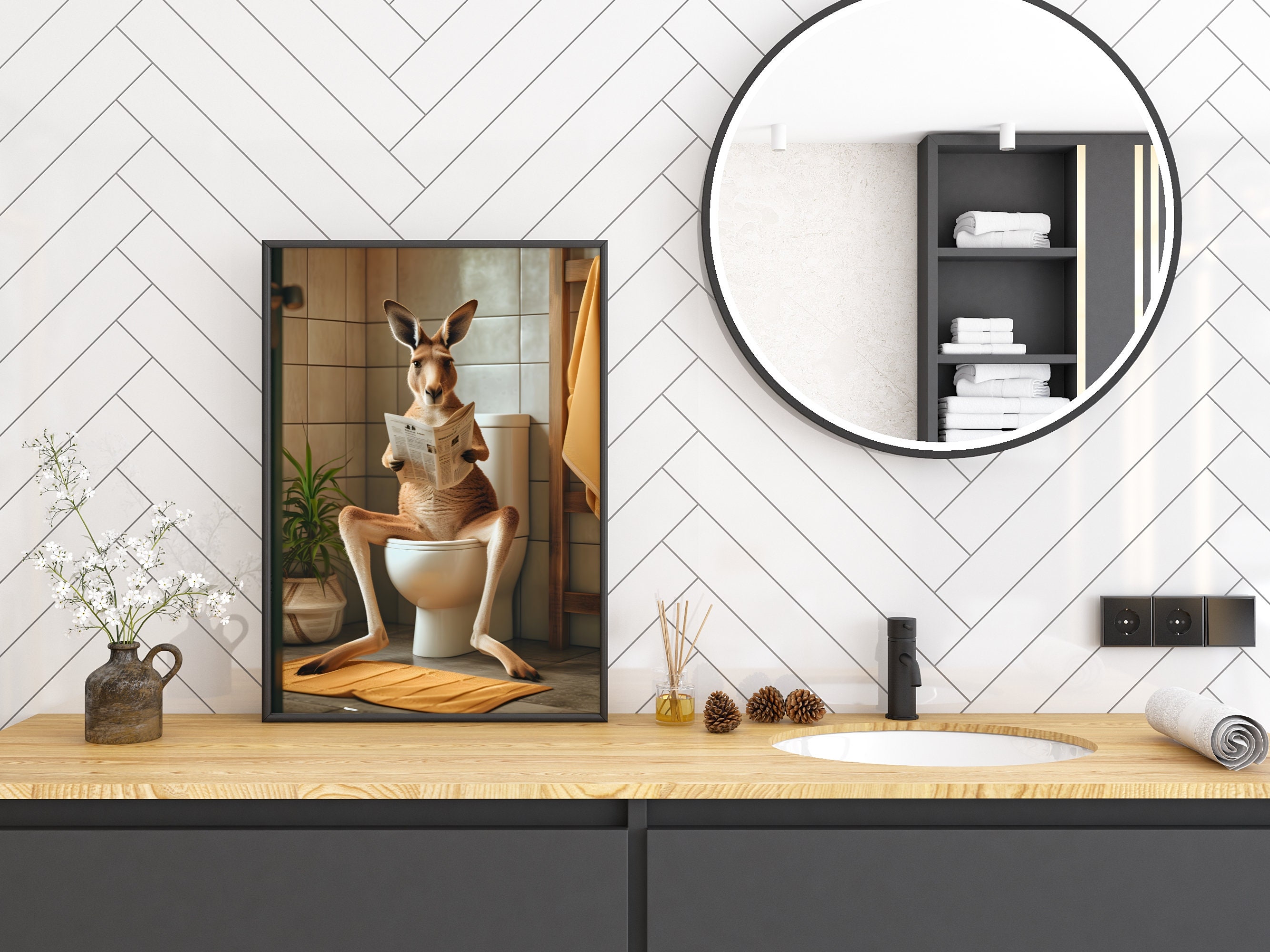 Kangaroo Sitting on Toilet Wall Art Print Bathroom Animal Art Animal ...