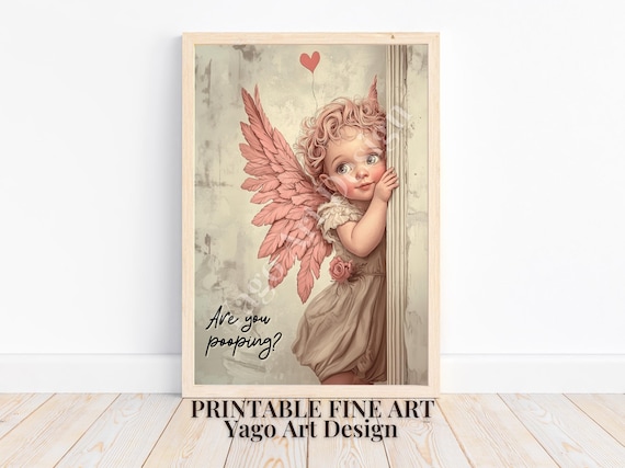 Cupid Bathroom "Are You Pooping" Art, Cute Cupid Wall Art, Vintage Valentines Day Printable Art, Lovely Bathroom Decor, Kids Bathroom Poster