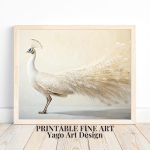 White Peacock Wall Art Print, Animal Portrait Wall Decor, Golden/beige Peacock Wall Art, Vintage Peacock Poster, Printable Peacock Wall Art