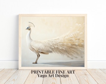White Peacock Art Print: vintage dierenportret (digitale download)
