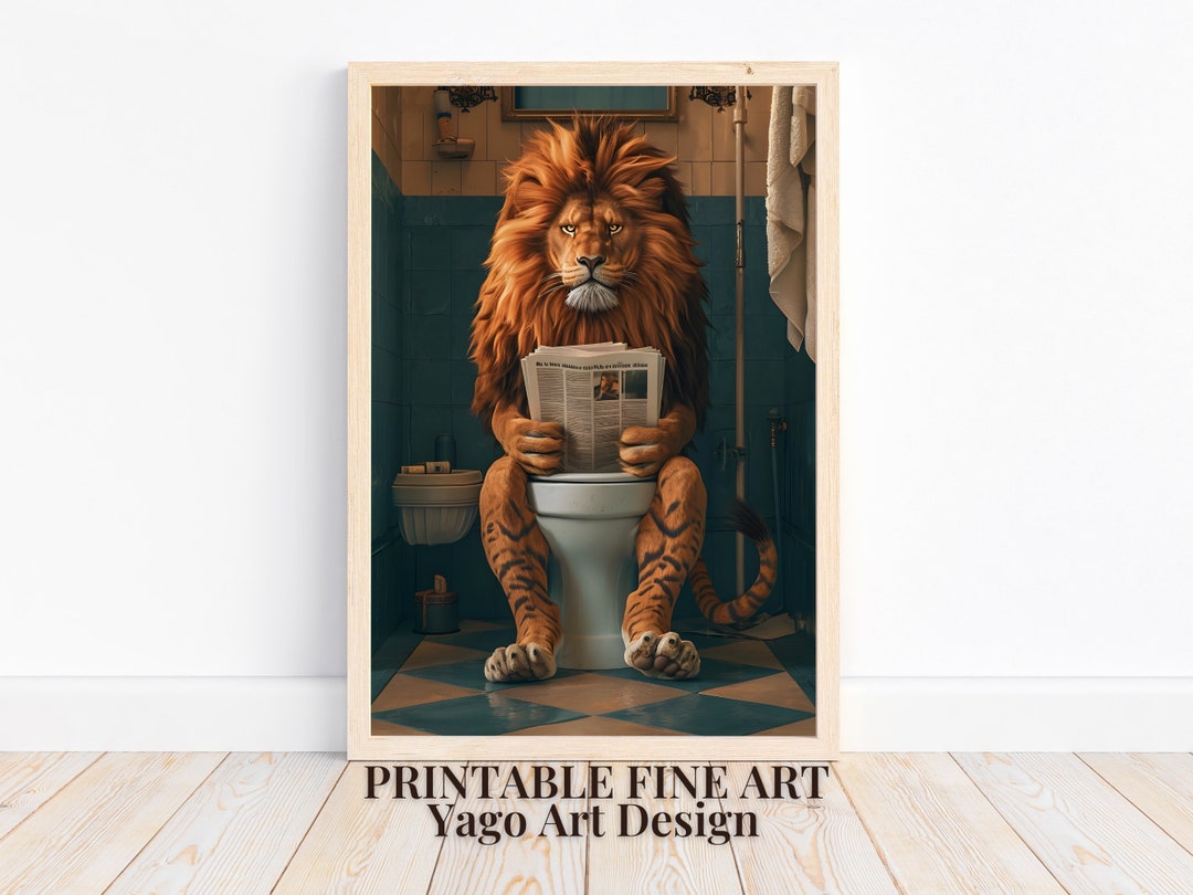 Lion Sitting on Toilet Wall Art Print Bathroom Animal Art Safari Animal
