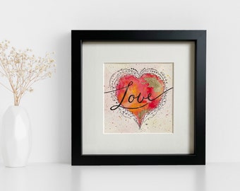 Original Aquarell | Herz mit Blattgold | gerahmtes Bild | Doodle | Love | kleines Geschenk auch zum Muttertag