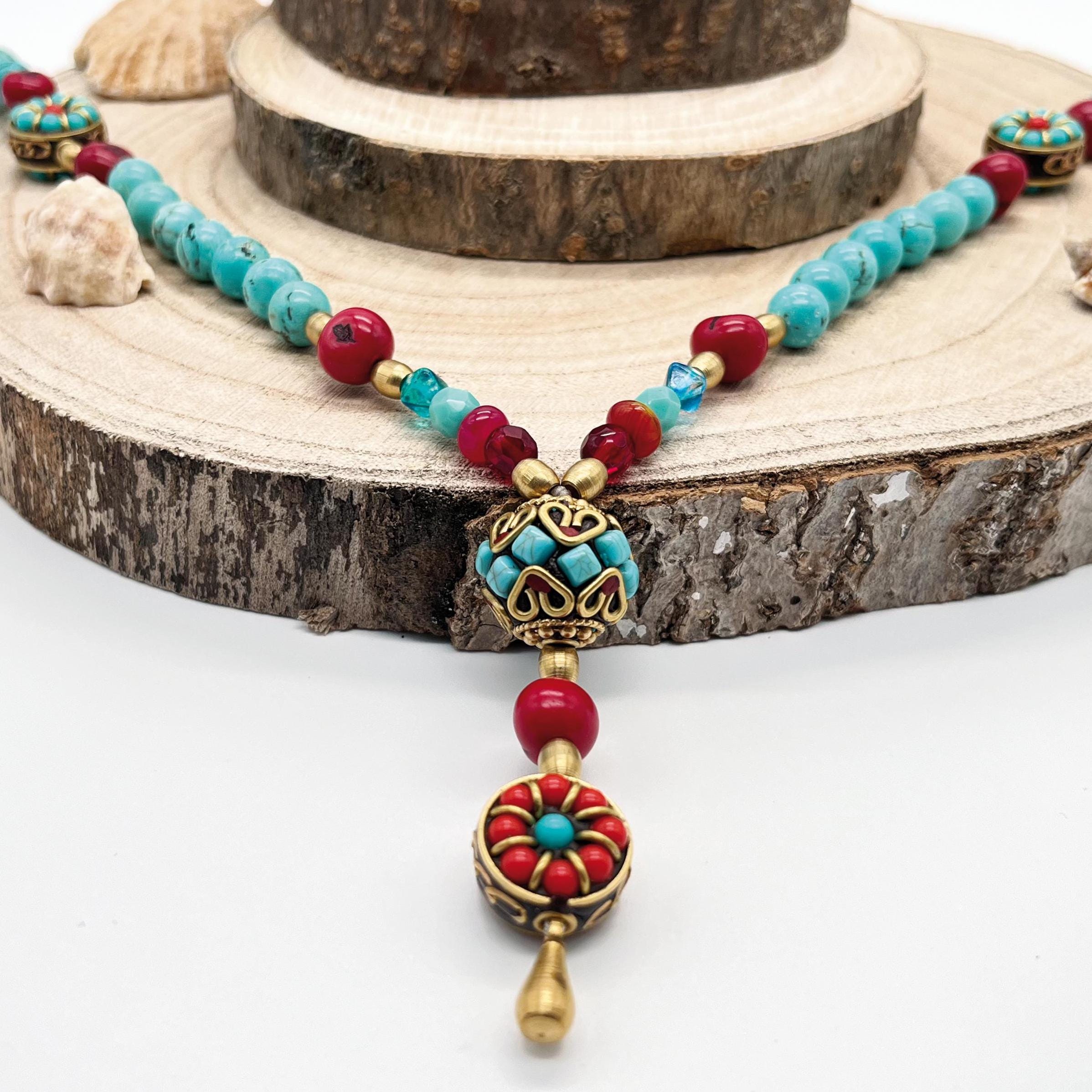 Collier Vintage Perles, Turquoise Et Os Avec Tête De Bouddha - État Excellent, Sans Marque