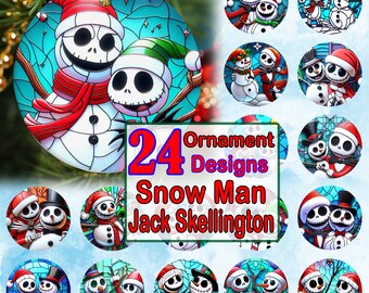 24 Files Snow Man & Skeleton Christmas Ornament Bundle Png, Christmas Ornament Sublimation PNG, Bundle Christmas Round Ornament PNG