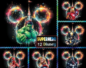 12 Files Super Hero Sublimation Designs Png, Superhero Png Bundle, Mouse Head And Castle Watercolor Png Clipart, Digital Download