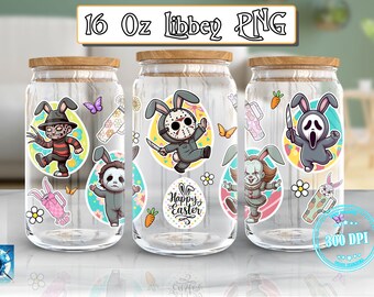 Horror Easter Day | 16 oz Libbey Glass Can Tumbler Sublimation Design Png | Horror Character Wearing Bunny Ears, Cute Horror, Commercial Use