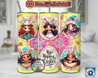 Easter Day Princess Character 20oz Skinny Tumbler Sublimation Designs Png, Happy Easter for Straight/Tapered Wrap Png, Bunny Princess png