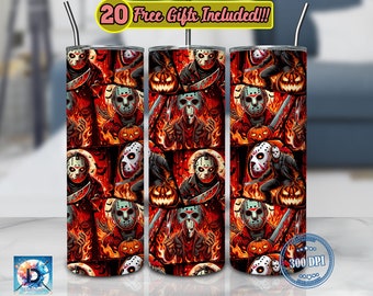 Horror Fire 20 oz Skinny Tumbler Sublimation Design, Halloween Tumbler PNG, 20oz Tumbler Design, Horror Character Png, Digital Download PNG