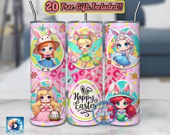 Easter Day Princess Character 20oz Skinny Tumbler Sublimation Designs Png, Happy Easter for Straight/Tapered Wrap Png, Bunny Princess png