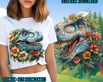 2 Files Tyrannosaurus Sublimation Designs Png, T-Rex Shirt Png, Watercolor Art PNG, Floral Png, Prehistoric Animals Png, Digital Download