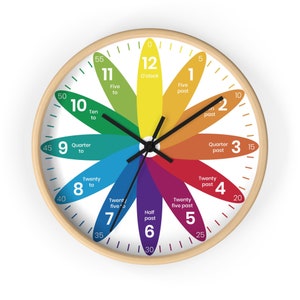 Color wheel learning clock, colorful wall clock for teaching time, classroom reading area decor, rainbow clock for how to tell time