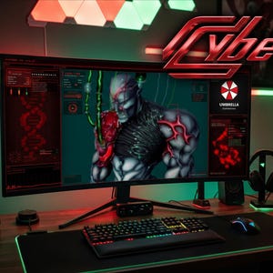 Op de afbeelding: Een gebogen computermonitor toont een digitale afbeelding van een gespierd mensachtig figuur met rode en zwarte biologische details, naast de tekst CyberOS en het Umbrella Corporation logo, op een bureau met toetsenbord en muis.