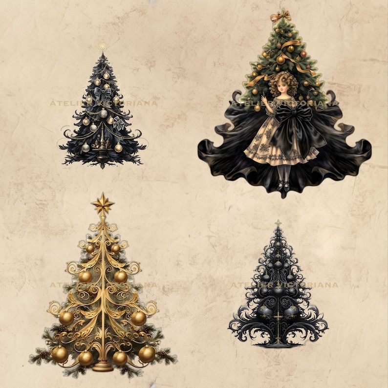 Gothic Christmas Tree Clipart Bundle, Perfect for Christmas Invitation