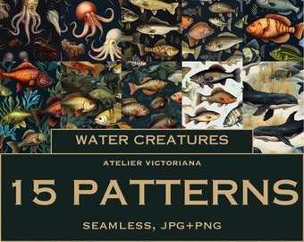 Marine Digital Paper Pack, Water Creatures Seamless Patterns